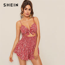 Load image into Gallery viewer, SHEIN Tie Front Cut Out Shirred Detail Ditsy Floral Romper 2019 Boho Red Spaghetti Strap Sleeveless Women Clothing Playsuit